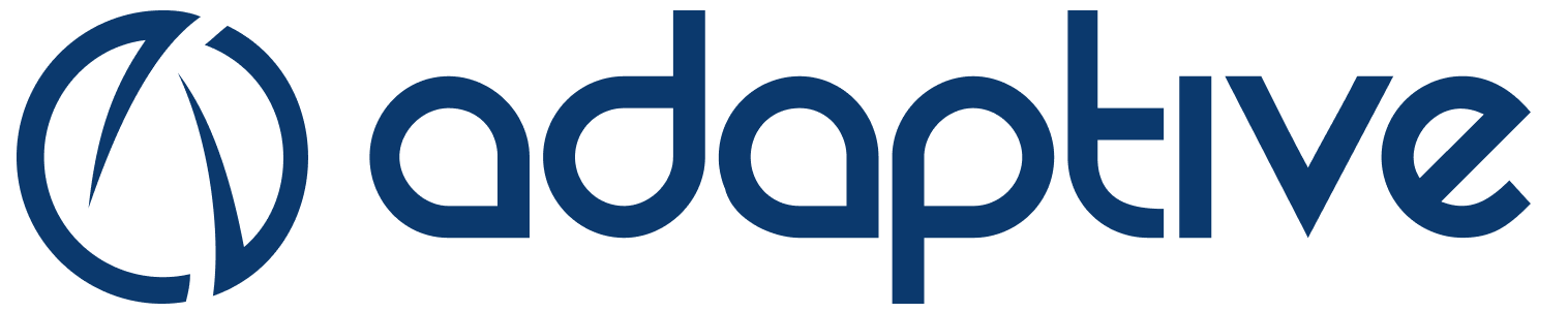 Logo em azul, com símbolo que representa a letra A e a letra D, estilizadas e a palavra Adaptive em azul.