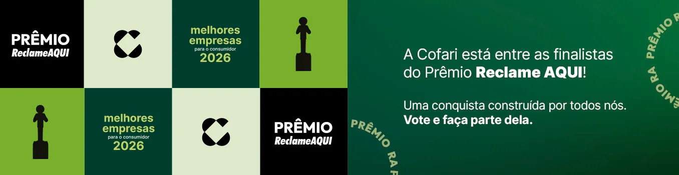Banner institucional do Prêmio Reclame AQUI. À esquerda, há um mosaico com os logotipos do Prêmio Reclame AQUI e da premiação “Melhores Empresas para o Consumidor 2026”, em tons de verde, preto e verde-claro, além de uma imagem estilizada do troféu. À direita, sobre um fundo verde-escuro, está o texto: “A Cofari está entre as finalistas do Prêmio Reclame AQUI! Uma conquista construída por todos nós. Vote e faça parte dela.” Ao redor das bordas, aparecem elementos circulares com a inscrição “Prêmio RA