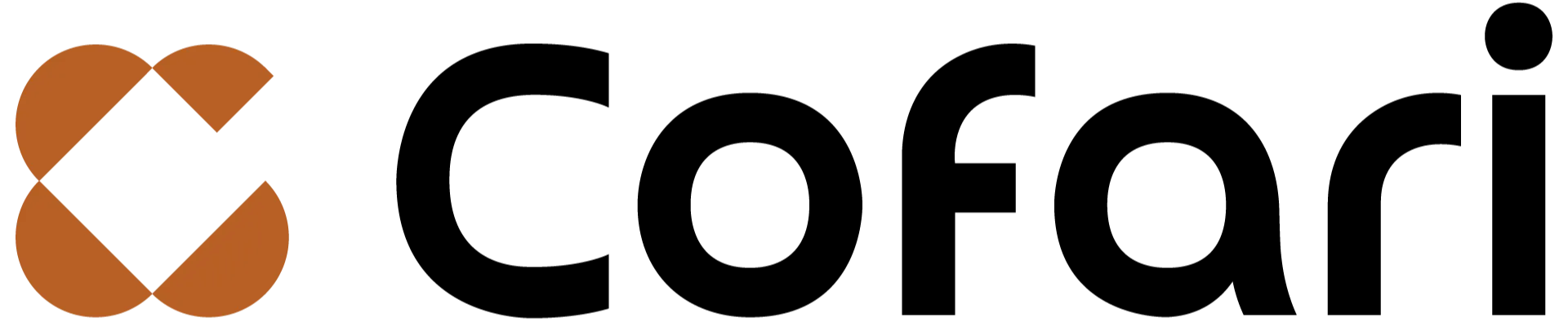 Um logotipo composto por um símbolo e a palavra “Cofari”.
À esquerda, há um ícone formado por quatro formas arredondadas na cor terracota, organizadas em formato de “X”. As formas têm aparência suave e lembram partes de corações, como se fossem quatro metades ou pétalas curvas unidas pelo centro.
À direita do símbolo, está a palavra “Cofari” escrita em letras minúsculas, com fonte sem serifa, em cor preta.