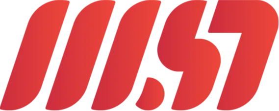 A imagem exibe um logotipo em vermelho vivo sobre um fundo branco, apresentando um design moderno e dinâmico com letras e formas fortemente inclinadas para a direita. O símbolo é composto por três barras diagonais paralelas seguidas por elementos estilizados que formam os caracteres "WSD".