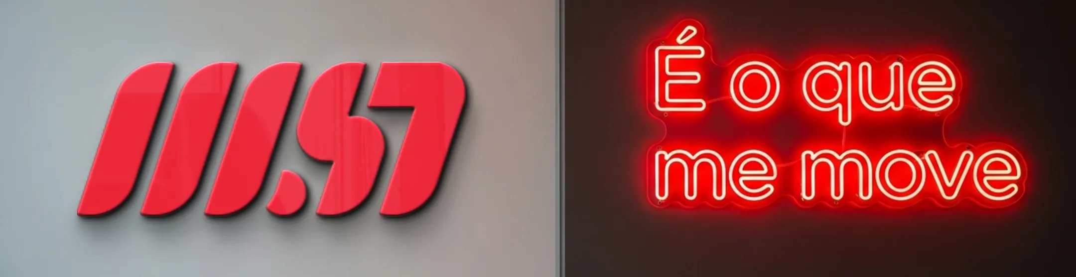 A imagem é dividida verticalmente em duas metades com propostas visuais modernas e complementares. No lado esquerdo, sobre uma parede de fundo cinza claro e neutro, destaca-se um logotipo tridimensional em vermelho vivo com um design estilizado composto por três barras inclinadas e caracteres que lembram a sigla "WSD". No lado direito, em contraste, há uma parede de tom escuro que abriga uma luminária de LED em neon vermelho, trazendo em letras cursivas e iluminadas a frase "É o que me move"